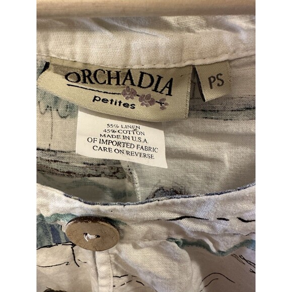 Orchadia Petites White Linen Cotton Blouse Top Tropical Floral Beach Size‎ PS - Picture 2 of 6